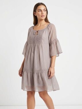 Bellambia Made in a Italy Women's Taupe Dot Smocked Yoke Peasant Dress with Silk